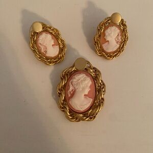 Vintage Pink Cameo Earrings and Brooch